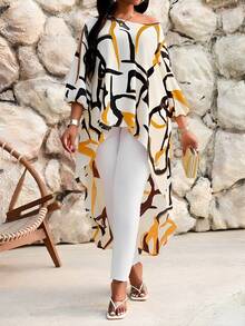 SHEIN Lady 春夏优雅通勤办公休闲波西米亚风彩色编织圆领高低袖七分袖大码T恤 大码衬衫 - 彩色 - 查看 6