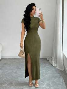 Elenzga Đầm dài nữ cổ đứng, có mũ, eo bo thun, xẻ tà, thanh lịch, thích hợp cho công sở. - xanh quân đội - Xem 1