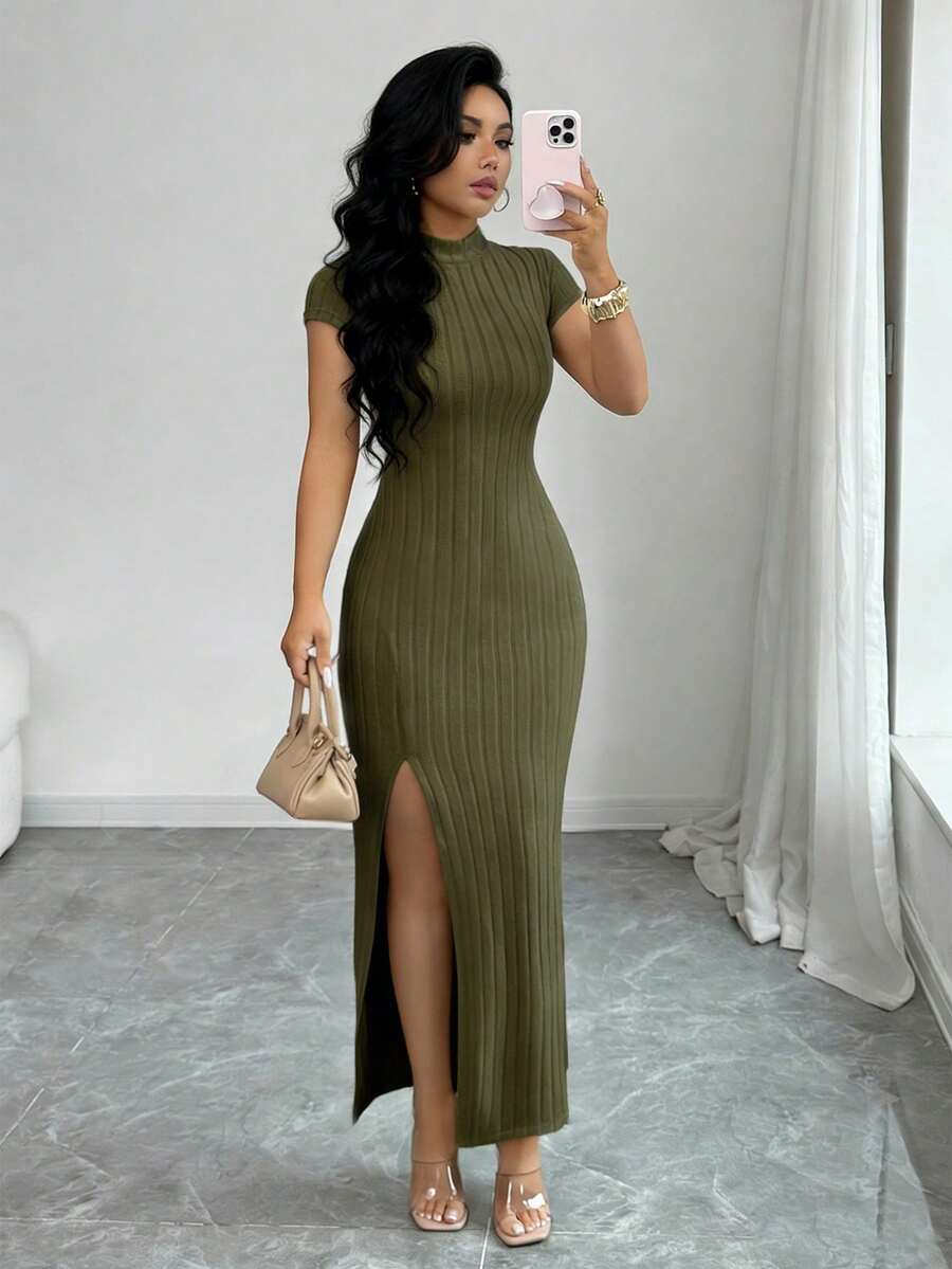 Elenzga Đầm dài nữ cổ đứng, có mũ, eo bo thun, xẻ tà, thanh lịch, thích hợp cho công sở. - xanh quân đội - Xem 1