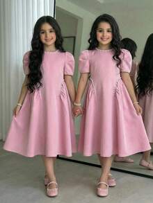 SHEIN Tween Girl Spring/Summer Elegant Beaded Pink Petal Sleeve Leg-Of-Mutton Short Sleeve Dress Tween Girl - Pink - View 1