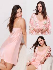 LUVLETTE Sweet Romantic Light Pink Satin Nightgown - Lace-Trimmed Camisole Sleep Dress Charming Romantic Lounge Wear Sexy Lingerie Slip Dress Pyjama - Pink - View 3