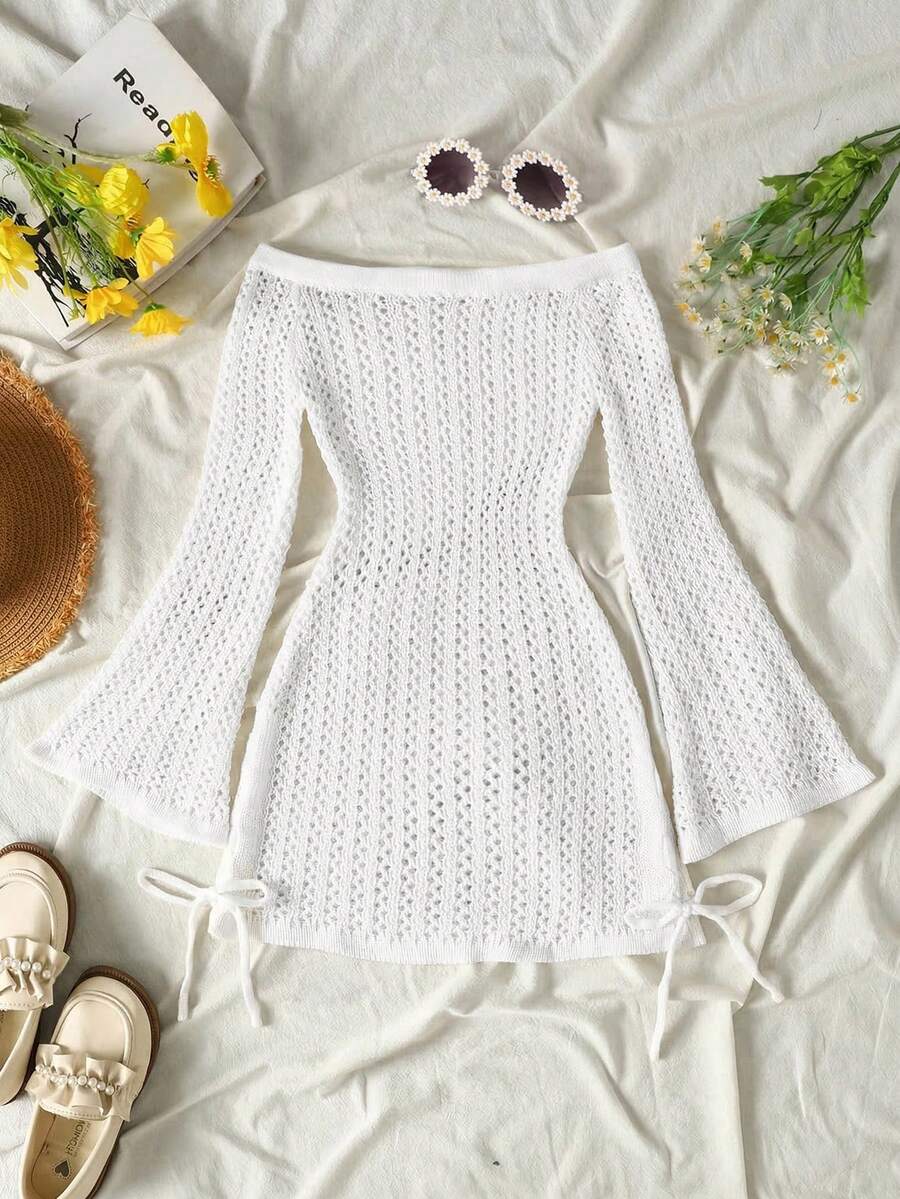 SHEIN Đầm trễ vai thắt nút bên hông cho bé gái tuổi teen, không kèm bikini, thích hợp mặc mùa hè. - trắng - Xem 1