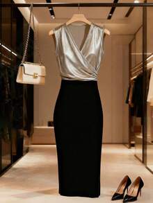 Franclia 女士丝绒撞色拼接腰带荷叶边开衩中长连衣裙，适合日常通勤、时尚穿搭、节日庆典、法式街头风、复古风、百搭，也适合情人节、约会、派对、新年等场合，卡其色拼接，黑色，女士早春/初秋新款连衣裙 - 黑色 - 查看 3