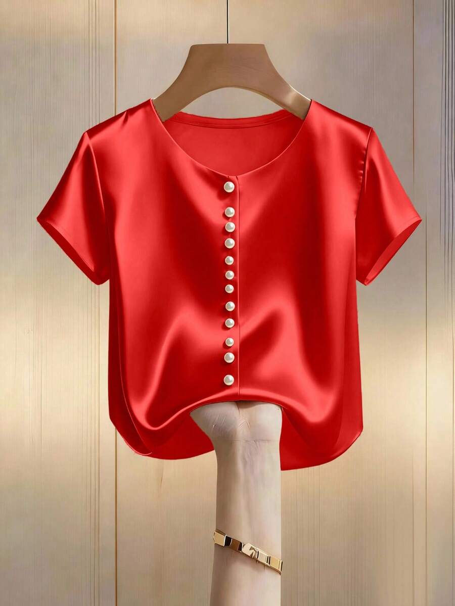 Franclia 女士香槟色优雅圆领珍珠装饰长袖衬衫，缎面面料，适合通勤和日常优雅穿着 - 紅色 - 查看 1