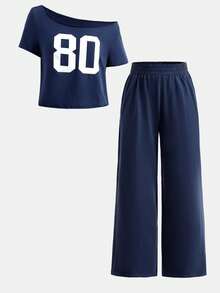 SHEIN Girlism Teen Girls 2 Piece Outfit,Navy Asymmetrical Shoulder Slogan T-Shirt & Slouchy Pants Set,Back-To-School Autumn Streetwear Holiday Casual Gym Clothes - Royal Blue - View 11
