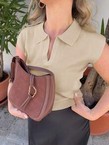 Jeta Ari Solid Cap Sleeve Knit Top Old Money Business Casual Woman Work Clothes - Beige - View 3
