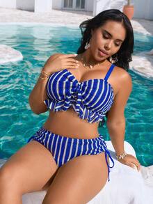 Swim Lushoire Áo bikini quây xếp ly bằng vải dệt kim sọc xanh dành cho nữ cỡ lớn - Màu xanh lam - Xem 3