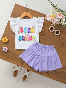 SHEIN 2件套女童圆领泡泡袖T恤+“Born Bright”彩虹标语+花卉装饰+抽绳叠层短裤，活力舒适，适合户外玩耍、日常穿着和休闲聚会的夏季套装。 - 白色 - 查看 2