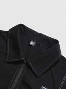 PAVTROS 2pcs Men's Fashionable, Outfit Set: Box Zipper Collar Long Sleeve Shirt, Elastic Waist Pants With Slit Hem Design, Minimalist Luxe Set, Lightweight Sporty Style, Fashionable, Energetic, Casual, Personalized, Daily Wear, Party, Travel, Holiday Gift,Men's,Baggy,Best,Boyfriend,Summer,Vacation,Y2k,Retro,Friends - Black - View 4