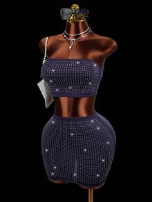 BamGleam Bộ đồ hai mảnh gợi cảm dành cho nữ, thích hợp dự tiệc hộp đêm, gồm áo croptop và chân váy ngắn đính đá màu trơn, kiểu dáng mùa hè. - Màu xanh hải quân - Xem 7