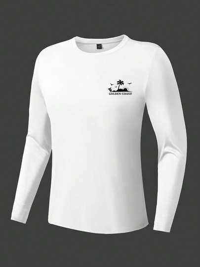 Surfspeed Men's Round Neck Letter & Palm Tree Print Casual Vacation Beach Swimwear Top