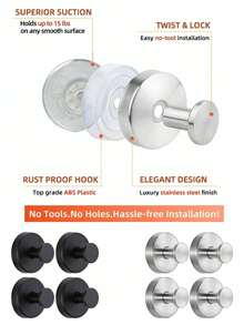 4PCS Suction Cup Hooks For Shower, Stainless Steel Waterproof Suction Cup Hooks, No-Drill Hooks, For Shower, Bathroom, Kitchen, Mounting On Glass Shower Doors, Mirror, Tile And Other Smooth And Hanging Towels, Robe, Loofah Etc.1/2pcs Pack - Multicolor - View 10