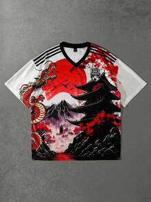 ROMWE MEN Anime 男士中国龙印花棒球T恤，短袖，夏季 - 彩色 - 查看 1