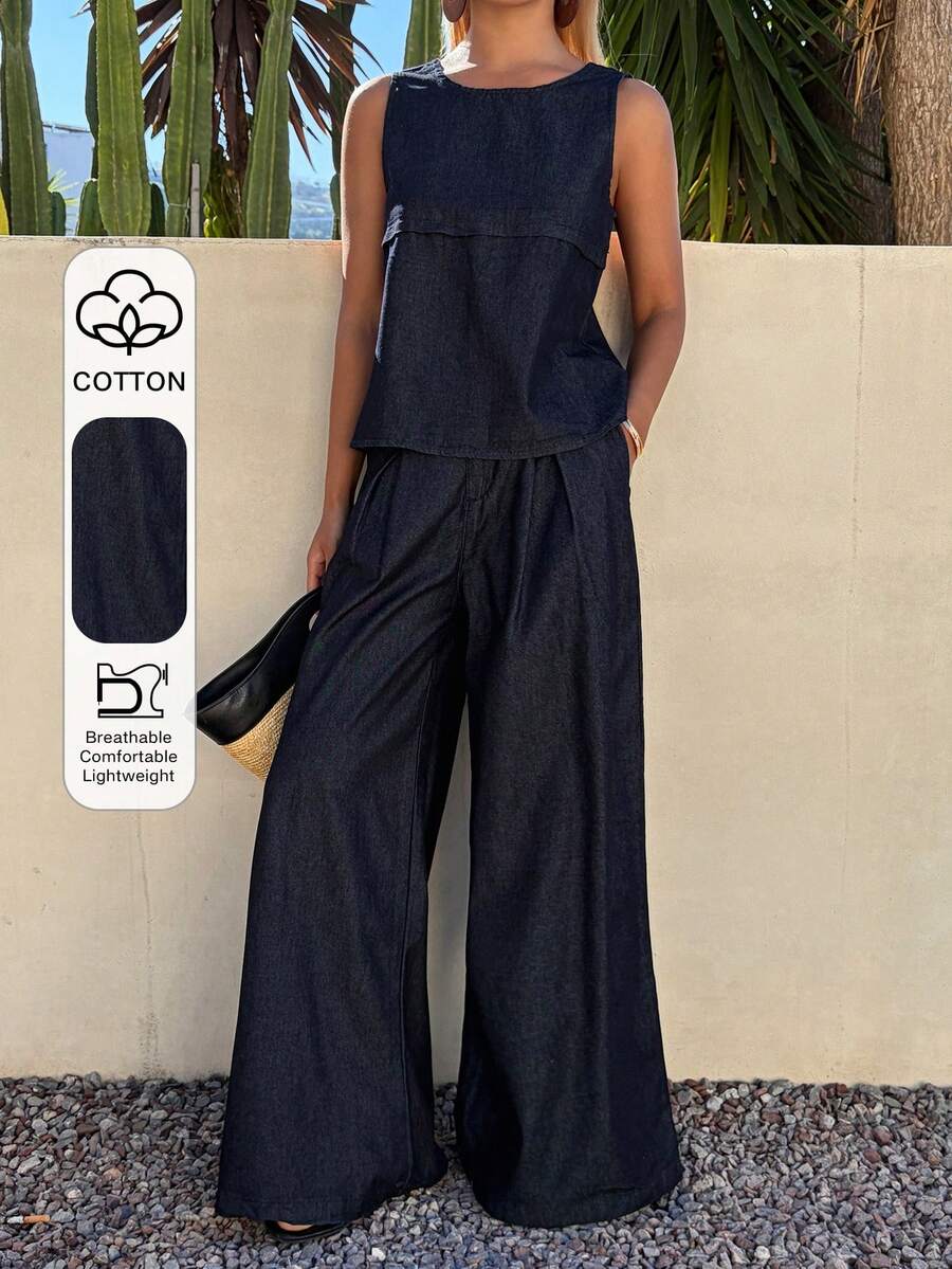 DAZY Western Cowgirl Denim Top And Wide Leg Pants Vacation Outfit For Women, Spring/Autumn - Blue - View 1