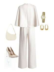 SHEIN Tall Women's Summer French Elegant Elegant Design Round Neck Shawl Collar Metal Buckle Waist Belt Slimming High Waist Casual Apricot Jumpsuit, Tall Women - Apricot - View 2