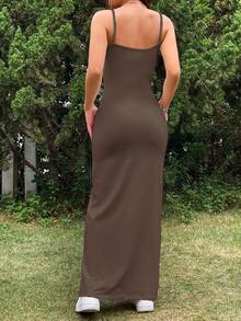 SHEIN EZwear Đầm dài hai dây màu nâu cỡ lớn, mùa xuân - màu nâu - Xem 2