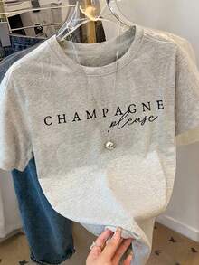 Resyla Áo thun nữ tay ngắn cổ tròn in chữ, kiểu dáng thường ngày, đa năng. - Màu Xám nhạt - Xem 3