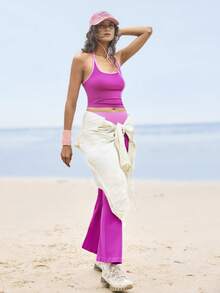 WanderVale 2 pièces/Set Top et pantalon de sport absorbant l'humidité, design bicolore, style basique, violet, sans couture pour le fitness/le yoga - Multicolore - Voir 6