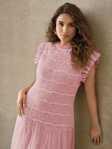 MOTF PREMIUM PLUS SIZE WOMEN SUMMER RUFFLE CAP SLEEVE MIDI DRESS - Pink - View 3