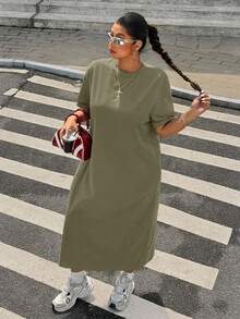SHEIN EZwear 橄榄绿休闲短袖加大码T恤裙 - 橄欖綠 - 查看 5