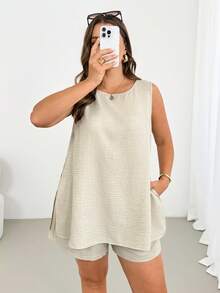 Shapeblank Bộ đồ hai mảnh thời trang xuân/hè cho nữ cỡ lớn, kiểu dáng rộng rãi, thoải mái, mát mẻ, tôn dáng, không tay, xẻ tà và quần short, màu mơ, trang phục mùa hè, trang phục đi nghỉ mát, phong cách đơn giản, mùa hè châu Âu. - Màu be - Xem 4