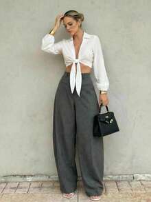 Anewsta Tall Pantalones de traje de mujer de pierna acampanada en color gris oscuro de estilo casual para primavera/verano, extra largos - Gris Oscuro - Ver 5