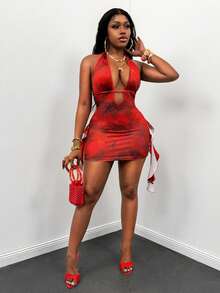 Glyssa Women's Tie-Dye Print Deep V-Neck Halter Dress - Coral Orange - View 5