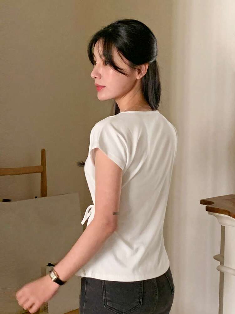 Women's Crew Neck Fitted Waist Tie White T-Shirt Summer