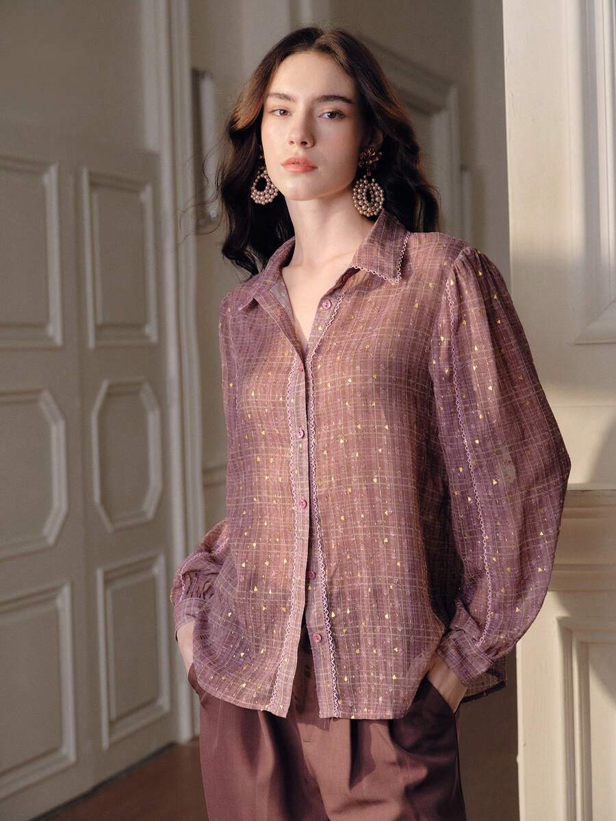 Anewsta Áo kiểu dáng rộng rãi, màu tím hồng phối ren tương phản, chất liệu chiffon, hàng mới về, họa tiết trái tim ánh nhũ, dành cho nữ. - Màu tím - Xem 1