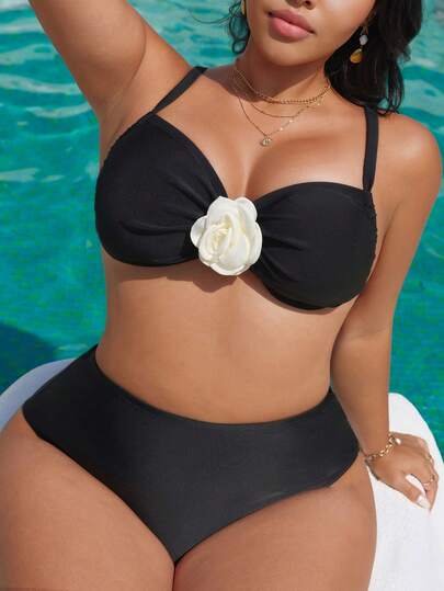 Swim Vcay Plus Size Floral Decorated Swimsuit Top, 3D Flower Decor, Summer Beach Wear For Women