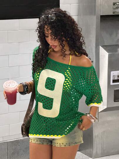SHEIN HypeZone Streetwear Women Solid Color Hollow Out Embroidered Digit Short Sleeve Knit Top