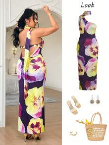 Celure Vestido con estampado sin espalda de talla grande - Morado - Ver 3