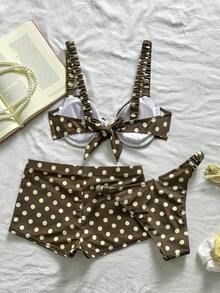 Swim Vcay Vacation Polka Dot Print Steel Bra Swimsuit Top With Pants, Side Ruched Triangle Bottoms & Long Shorts 3-Piece Set - Multicolor - View 2
