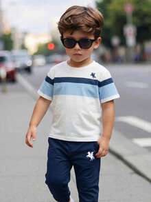 SHEIN 2pcs Kids Boy Striped Pattern Soft Knit Round Neck White Short Sleeve Pullover Top And Elastic Waist Jogger Pants Set - Multicolor - View 1