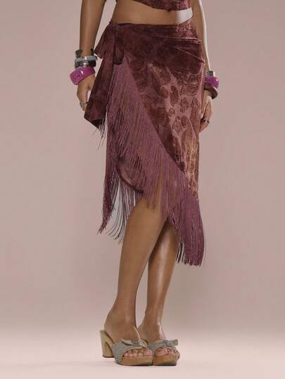 MUSERA Váy sarong Devore in họa tiết Paisley, có tua rua, buộc dây bên hông, thích hợp cho kỳ nghỉ hè, đi biển, Ibiza, lễ hội, thanh lịch, đêm giao thừa.