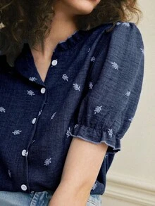 Écloséra 女士法式休闲度假风荷叶边领花瓣袖柔软质感蓝色衬衫，春夏工作衬衫，女士上衣和衬衫，工作衬衫，女士办公室工作服，女士工作套装 - 藏蓝色 - 查看 5