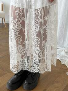 SHEIN LUNE 女士休闲纯色蕾丝拼接无袖长连衣裙，春夏日常穿着、通勤和外出必备单品。女士休闲装、女士夏季装、白色意大利连衣裙、波西米亚风休闲连衣裙、无袖连衣裙、蕾丝连衣裙、白色连衣裙、新款连衣裙 - 白色 - 查看 7