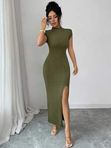 Elenzga Đầm dài nữ cổ đứng, có mũ, eo bo thun, xẻ tà, thanh lịch, thích hợp cho công sở. - xanh quân đội - Xem 6