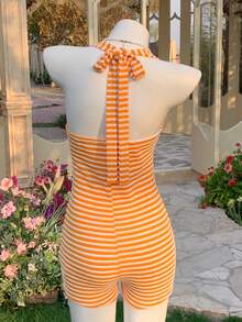 Comfortcana Women's Orange And White And Striped Halter Romper,Summer Casual Tropical Vacation Holiday Beach Vacation Outfits,Festival Country Concert Outfit - Orange - View 2