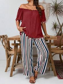 Breezaya 大码纯色露肩上衣和条纹裤两件套 - 紅色 - 查看 5