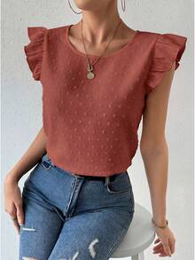 Breezaya Ruffle Collar Solid Color Loose Casual Elegant Blouse For Summer Office Work Rust Brown - Orange - View 3