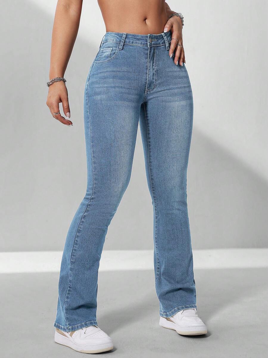 SHEIN PETITE Women's Casual Washed Low-Waist Flare Jeans ,Petite Women - Light Wash - View 1