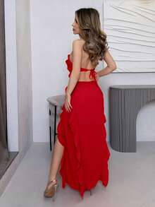 Jemour Summer Beach Spaghetti Straps Sleeveless Ruffle Hem Halterneck Hawaiian Backless Summer Dress,Sundress Party - Red - View 2