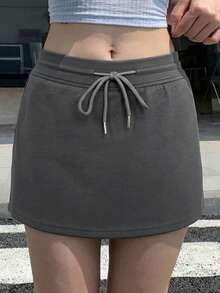 DAZY Rok Wanita Polos Minimalis dengan Ikat Pinggang untuk Pemakaian Sehari-hari - Grey - View 2