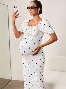 MaterniWear Đầm bầu mùa hè kiểu dáng thường ngày in chấm bi, thắt nơ phía trước. - trắng - Xem 1