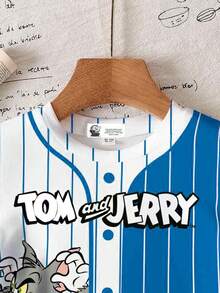 TOM & JERRY X SHEIN 男婴休闲撞色条纹卡通印花圆领短袖上衣，夏季 - 白色 - 查看 3