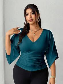 Elenzga Áo thun cổ chữ V cỡ lớn với thiết kế thắt eo, kiểu dáng Pháp giản dị. - Màu xanh lam - Xem 6