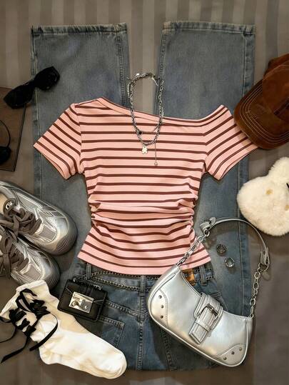 Glimmora 女士条纹不对称肩短袖休闲百搭T恤