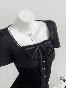 Elamini Women's T-Shirt, Lace Patchwork, Textured Knit, High Elasticity, Slim Fit - Black - View 3