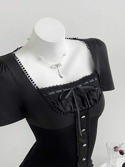 Elamini Women's T-Shirt, Lace Patchwork, Textured Knit, High Elasticity, Slim Fit